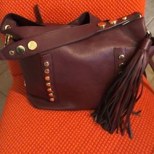 Burgundy/gold/fringe accent handbag